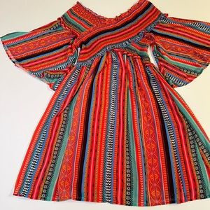 Flying Tomato Red/Multi Color Off the Shoulder Smocked Dress